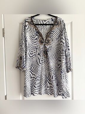 Soft Surroundings Navy & White Beaded V-Neck Blouse